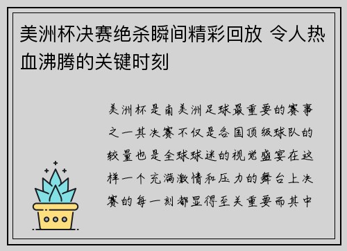 美洲杯决赛绝杀瞬间精彩回放 令人热血沸腾的关键时刻