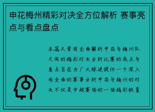 申花梅州精彩对决全方位解析 赛事亮点与看点盘点