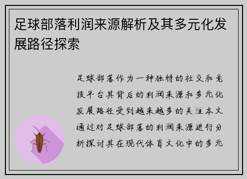 足球部落利润来源解析及其多元化发展路径探索